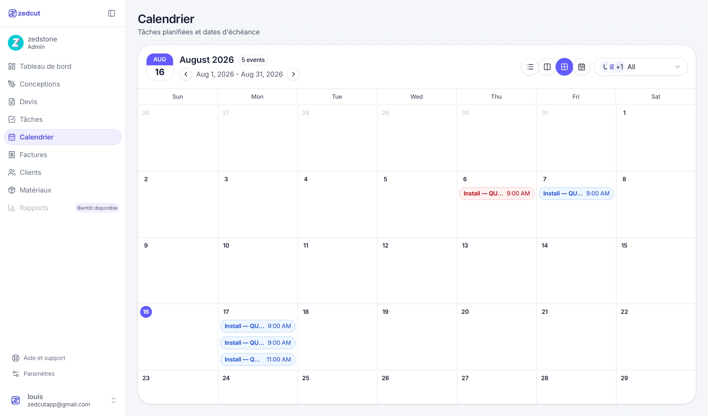 Calendrier des poses planifiées