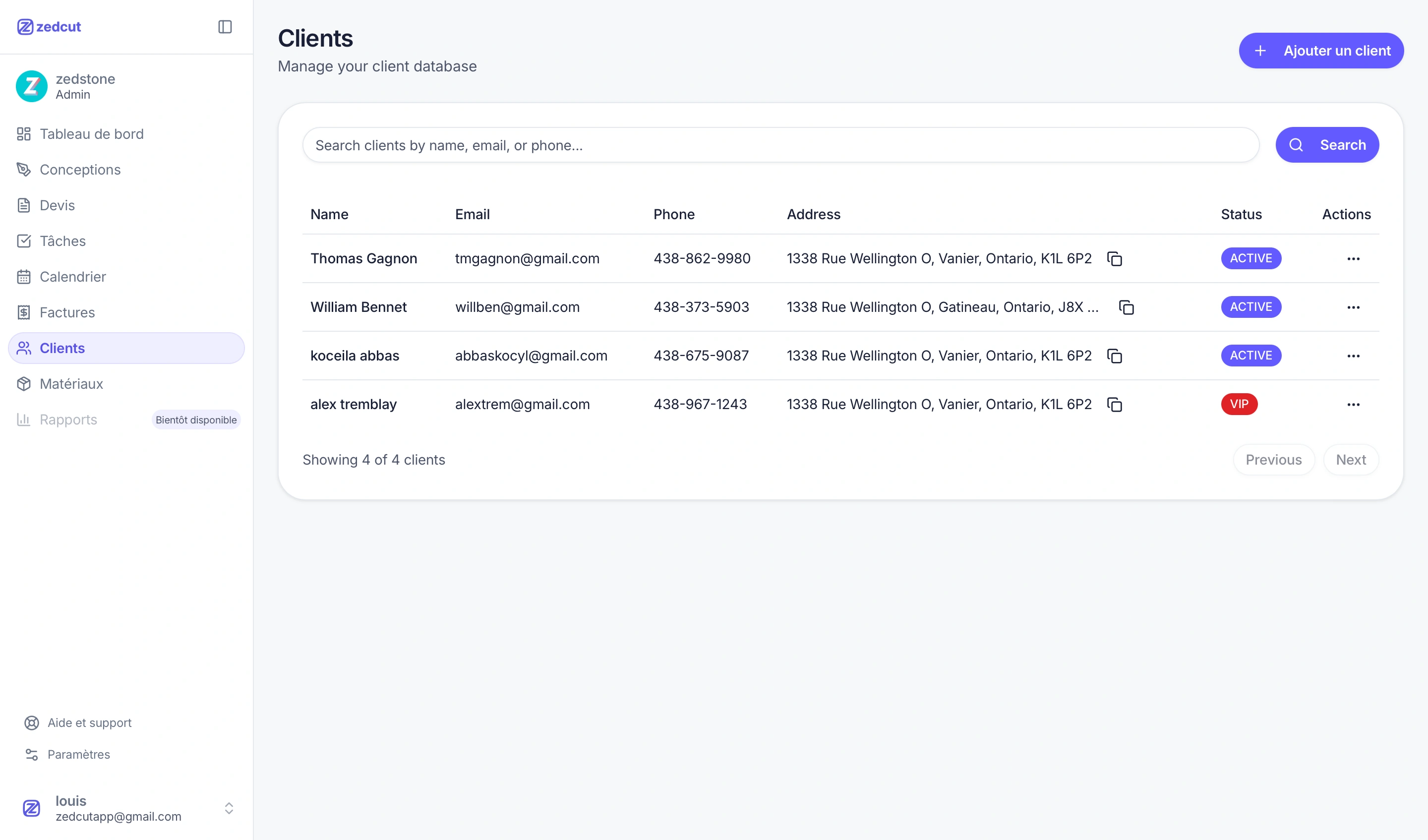 Base clients avec recherche et statuts