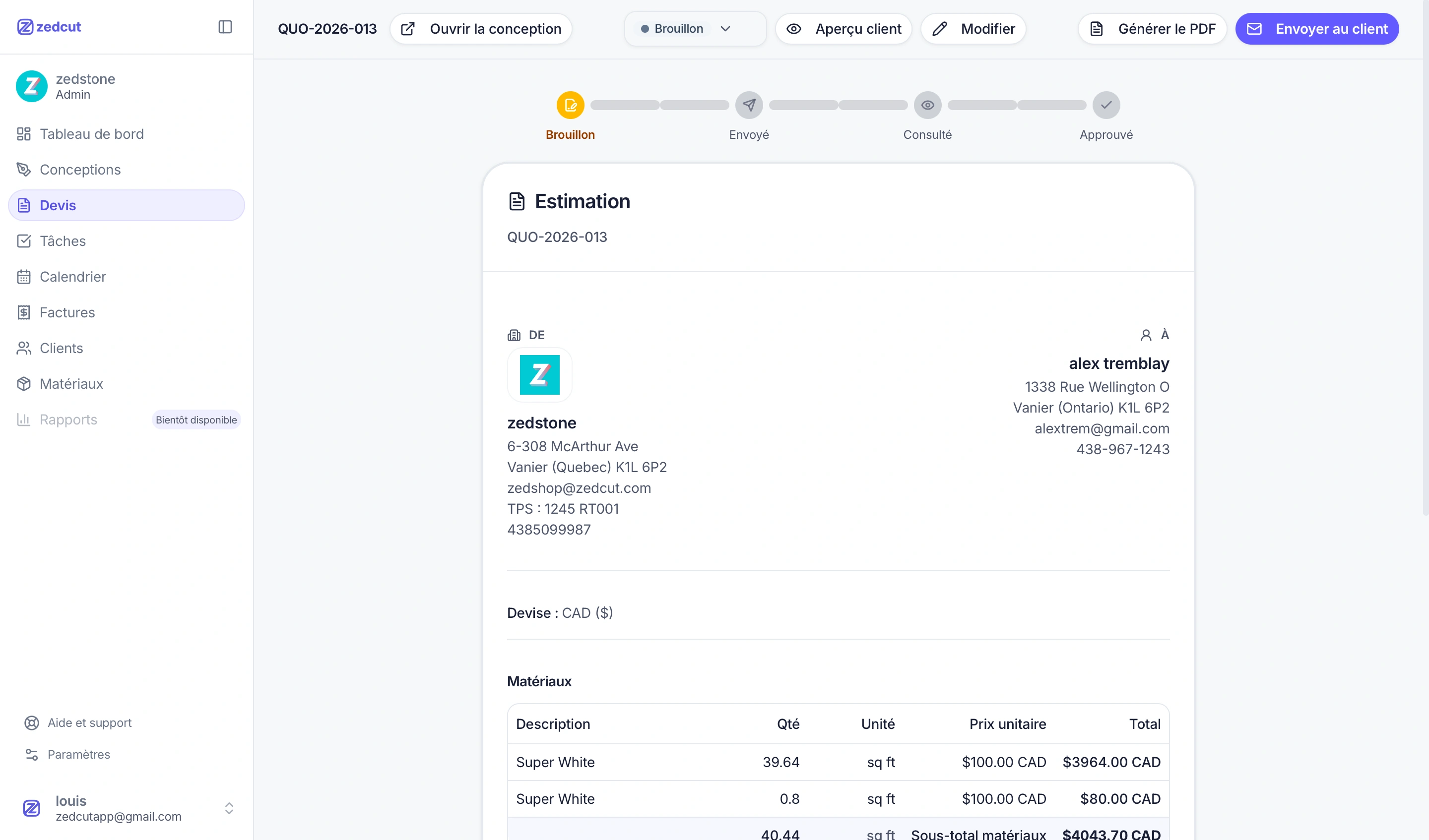 Estimation client avec matériaux et tarification