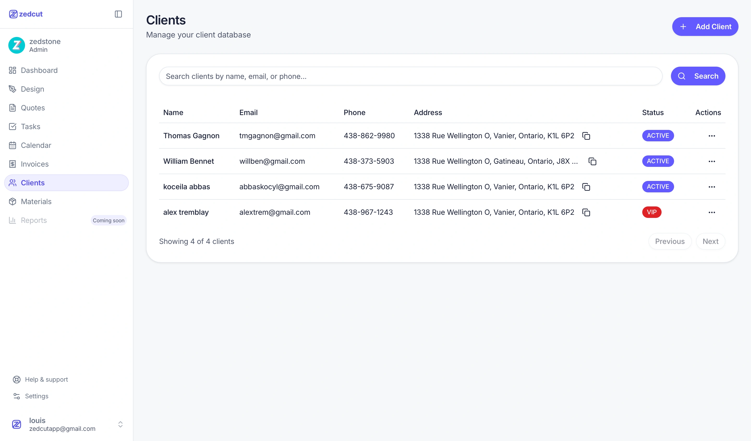 Client database with search and status badges