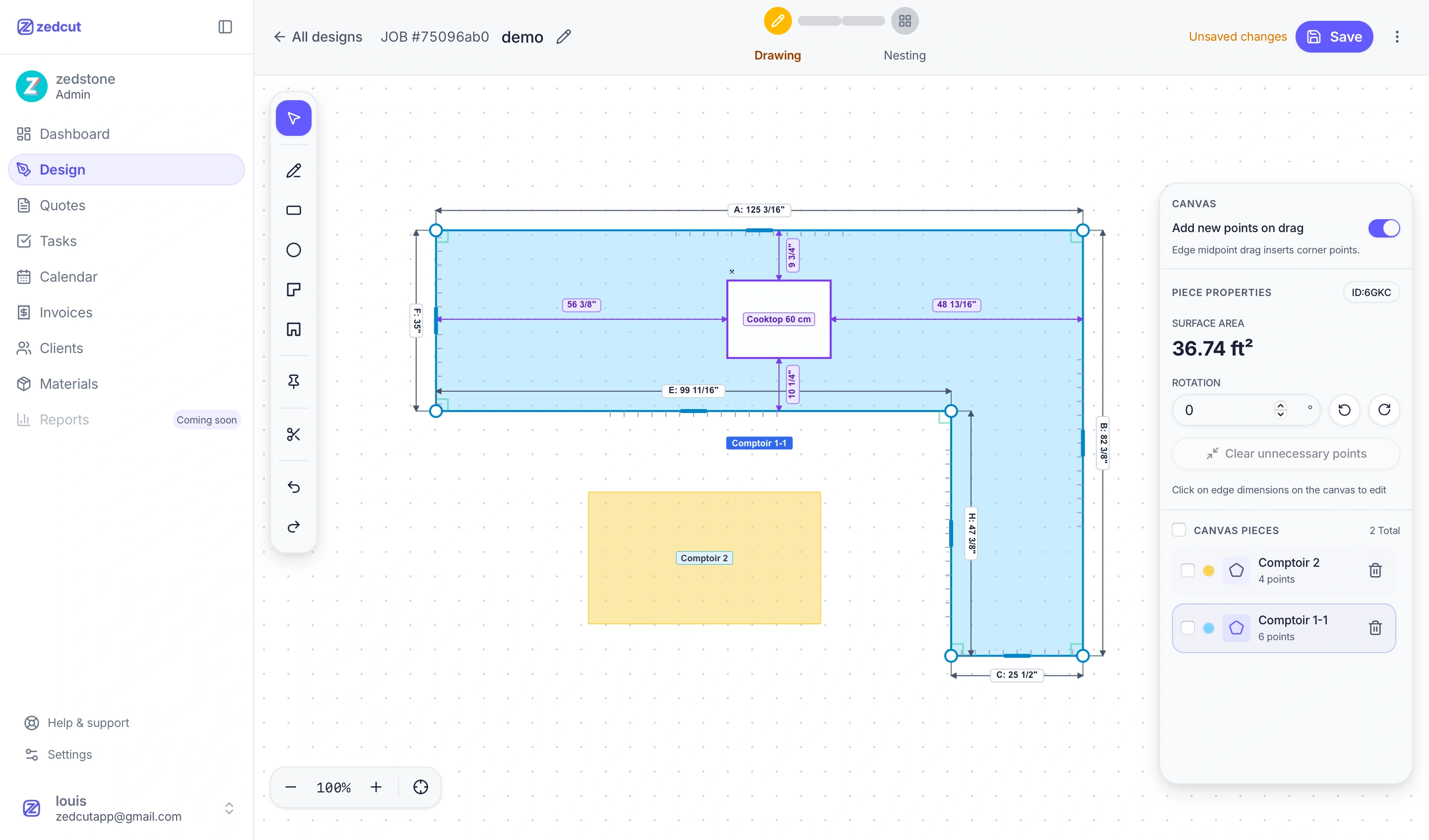 Design canvas with L-shapes, islands, and cutout library