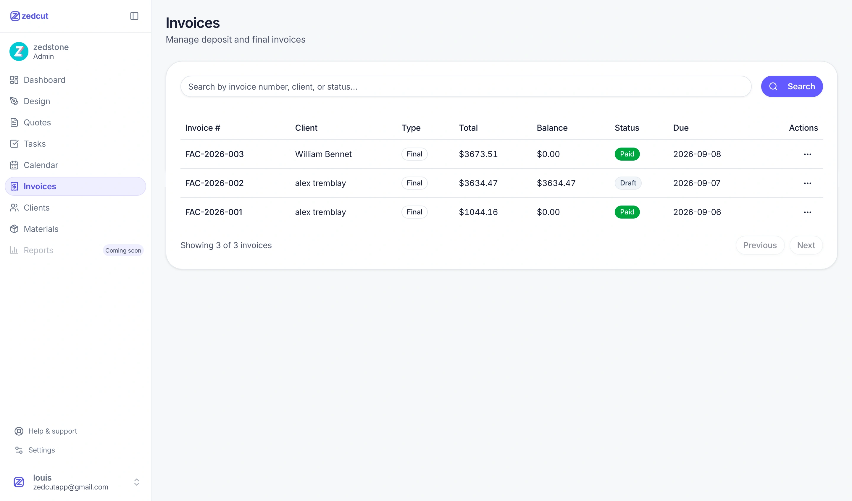 Invoice list with status tracking