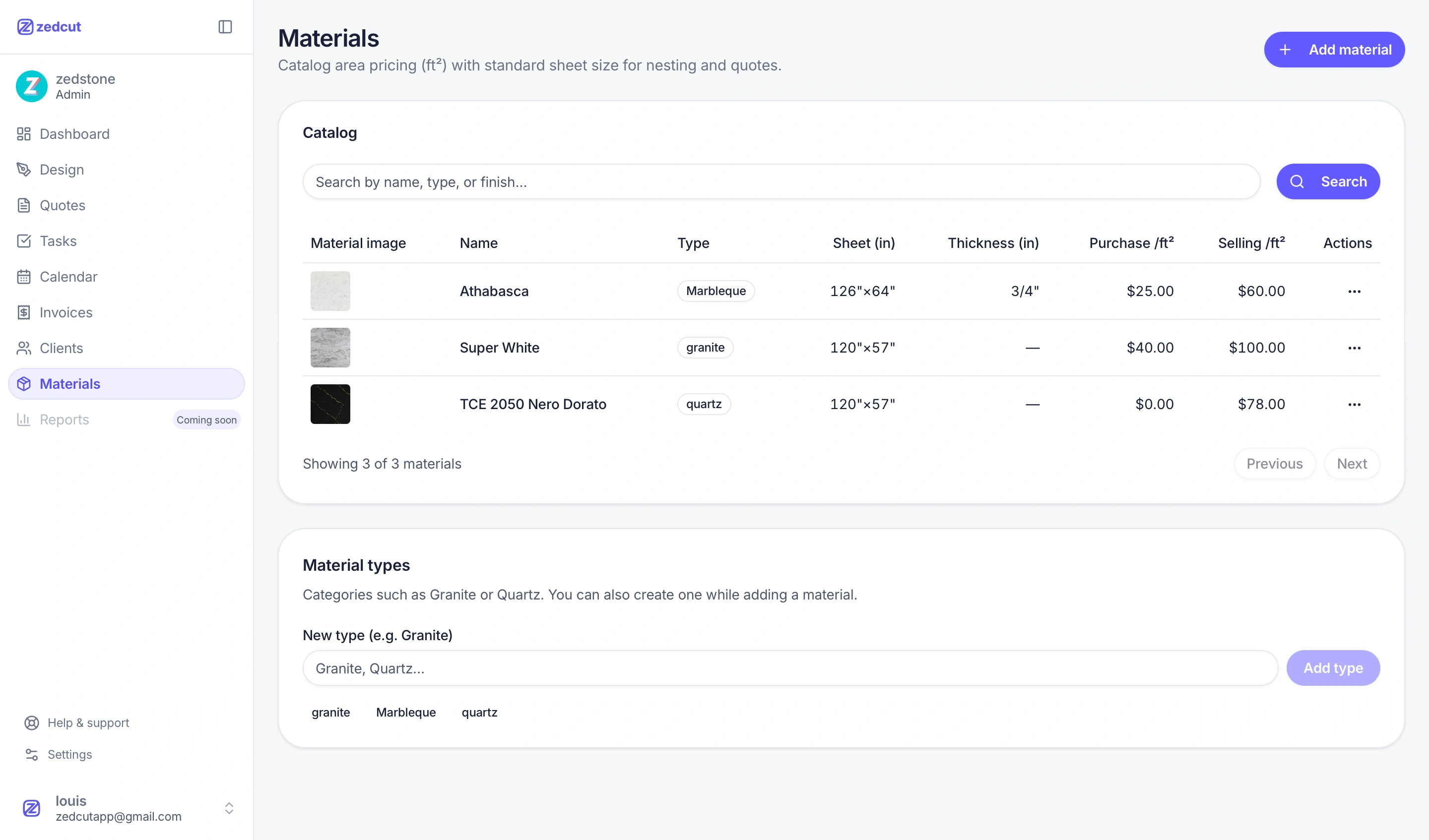 Materials catalog with sheet sizes and pricing per sq ft
