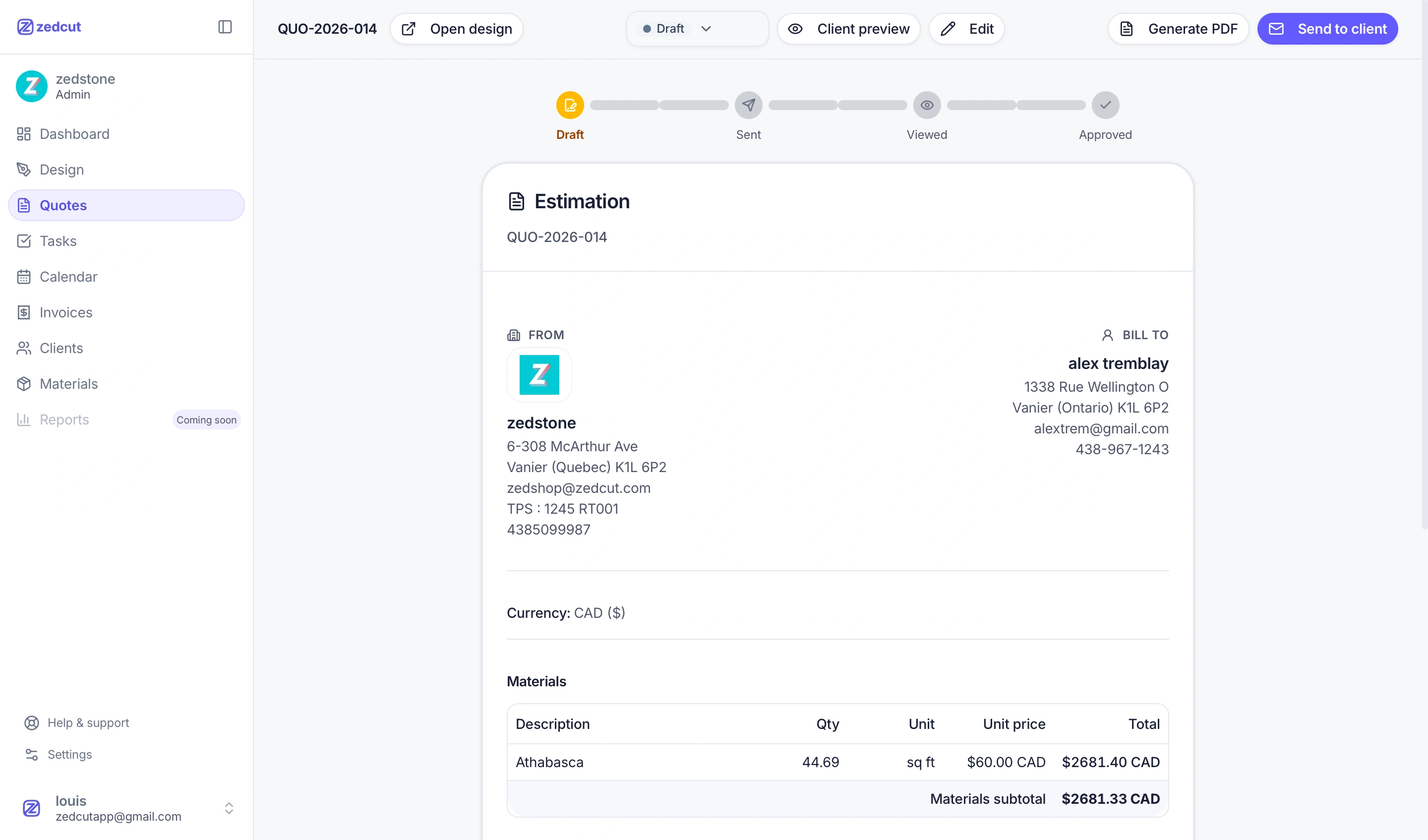 Client-ready estimation with materials and pricing