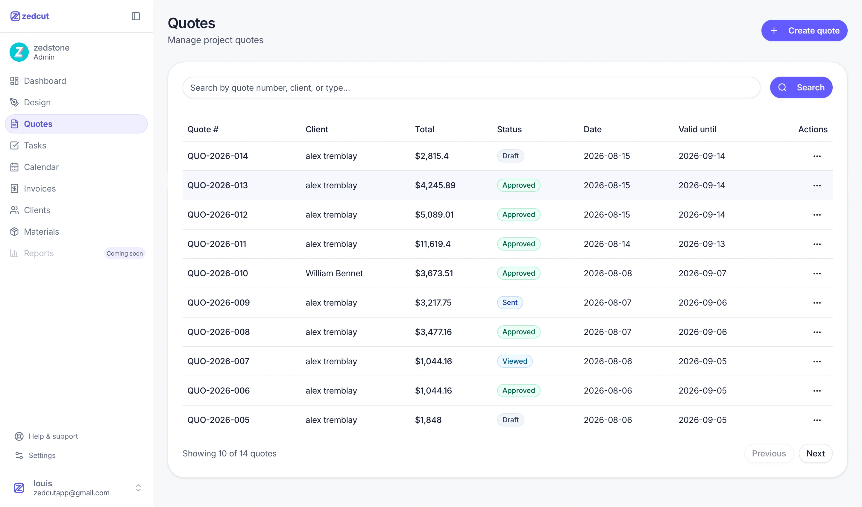 Quotes list with status tracking