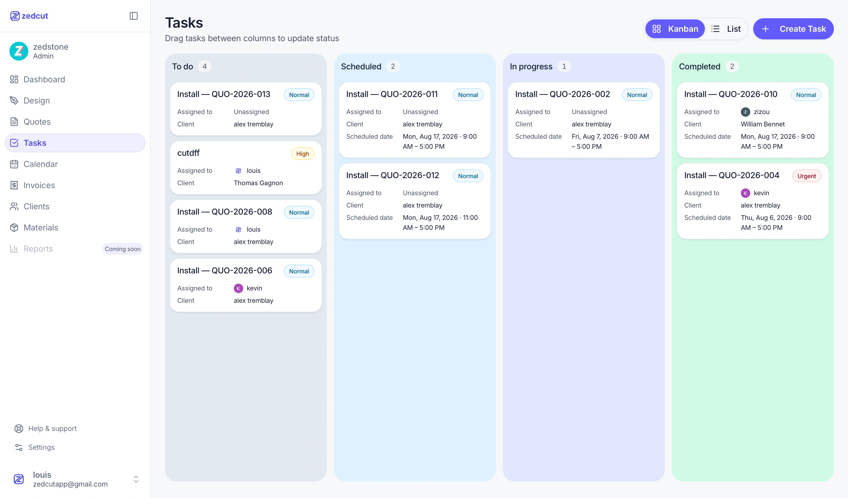 Kanban task board for install scheduling