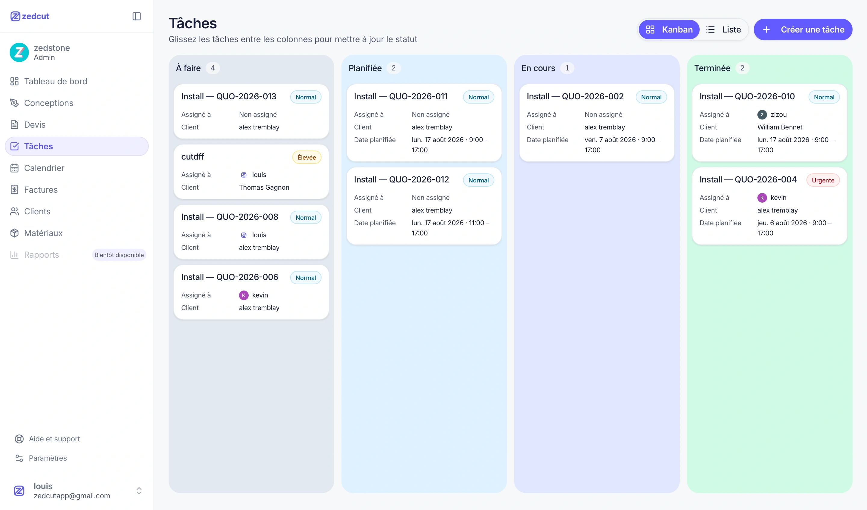 Tableau Kanban pour planifier les poses